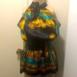 Womens peplum satin silky tank tie around neck top